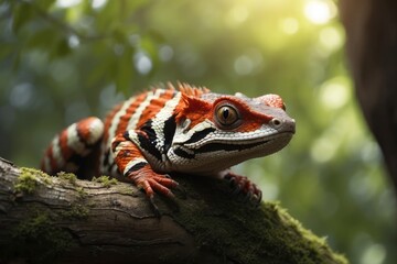 Fototapeta premium Strange, brightly colored reptiles perched on branches.