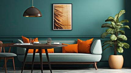 Modern living room with dark blue walls, poster, sofa, plant and table. Created with Ai