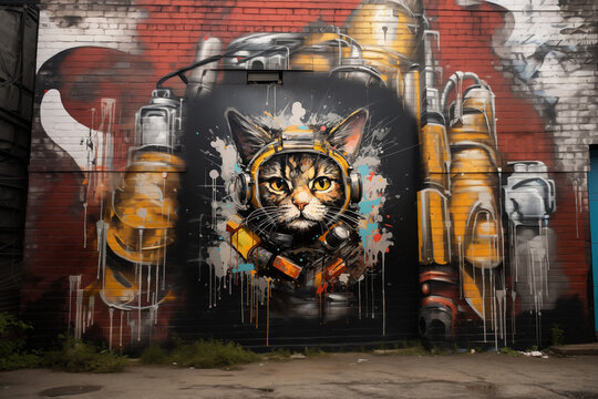 Mur d&rsquo;une entr&eacute;e d'usine en briques rouges tagu&eacute; avec le dessin d&rsquo;un chat portant un masque de graffeur dans le style Peinture a&eacute;rosol