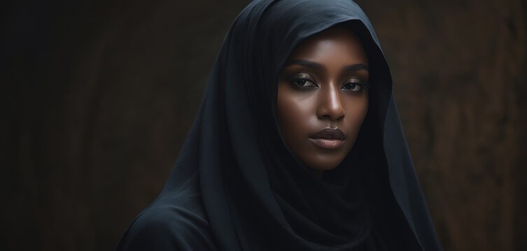  a woman wearing a black headscarf in front of a brown background with a black shawl on her head.