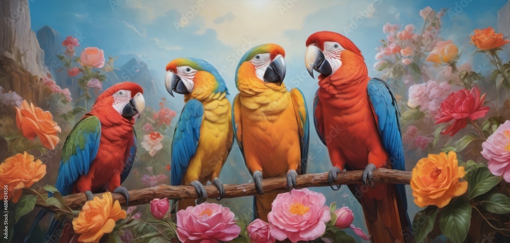 Poster  a painting of a group of parrots sitting on a branch in front of a painting of pink and yellow flowers.