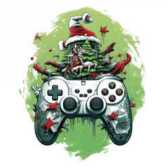 Christmas Design with Game Controller for t-shirt design. Santa cup, Christmas trees, gift box