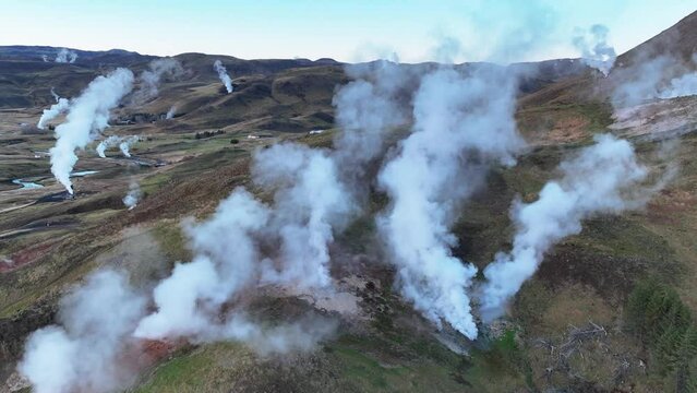 Steam Rising From Hot Springs In Geothermal Valley In Hveragerdi, South Iceland - Drone Shot