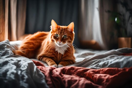 Cute red cat in  bed near sofa