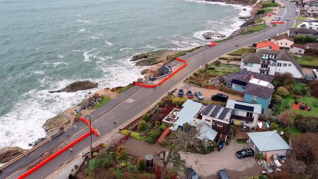 Road Repairs On West Cliff Drive Badly Damaged By Storms That Hit Santa Cruz In California, USA. - aerial