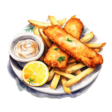 fish and chips dish watercolor illustration png isolated on a transparent background clipart fries and fish filet