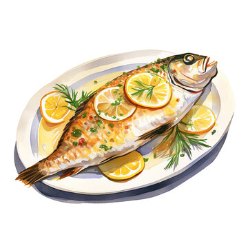 baked Fish dish watercolor illustration png isolated on a transparent background clipart