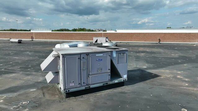 Air conditioning HVAC rooftop unit. Aerial close up view.