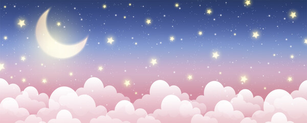 Night sky background. Starry dark gradient space. Crescent moon and clouds dreamy scene. Vector cute landscape panorama. Magic midnight illustration