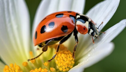  a ladybug sitting on top of a flower on top of a white flower with yellow stamens. - obrazy, fototapety, plakaty