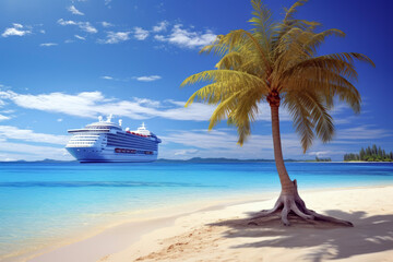 Cruise with palm trees on the beach in the background of beautiful sky and sea. Travel concept of vacation and holiday.