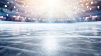 Festive background with lights reflecting on the surface of the ice on the skating rink. Empty ice skating arena, winter holidays. Bokeh lights. Copy space. - obrazy, fototapety, plakaty