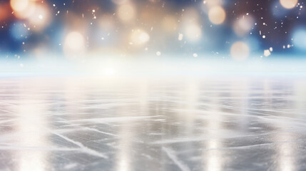 Lights reflecting on the surface of the ice with skate marks. Closeup of the skating rink. Festive background, winter holidays theme. Bokeh lights. Copy space. - obrazy, fototapety, plakaty