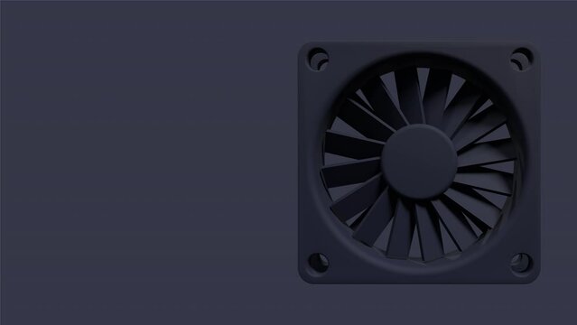 Computer fan cooler animation. Black cooling fan. 3D computer case fan