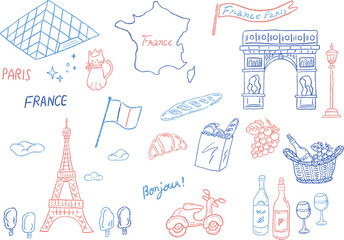Stylish hand-drawn line drawing illustration set of symbols inspired by France / フランスをイメージしたシンボルのおしゃれな手描き線画イラストセット - obrazy, fototapety, plakaty