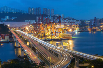Cargo port and highway in Hong Kong city