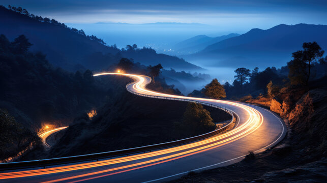 Winding mountain road at night, bathed in the ethereal glow of moving car lights.