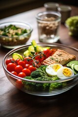 Well-balanced meal being prepared, with a focus on fresh vegetables, lean proteins, and whole grains. Healthy diet in managing diabetes