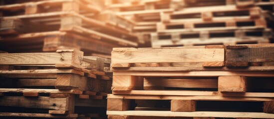 Wooden pallets for shipping, stacked against a wall.