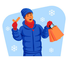 Man in a winter jacket with winter hat and scarf holding shopping bags and check mark