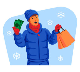Man in a winter jacket with winter hat and scarf holding shopping bags and money