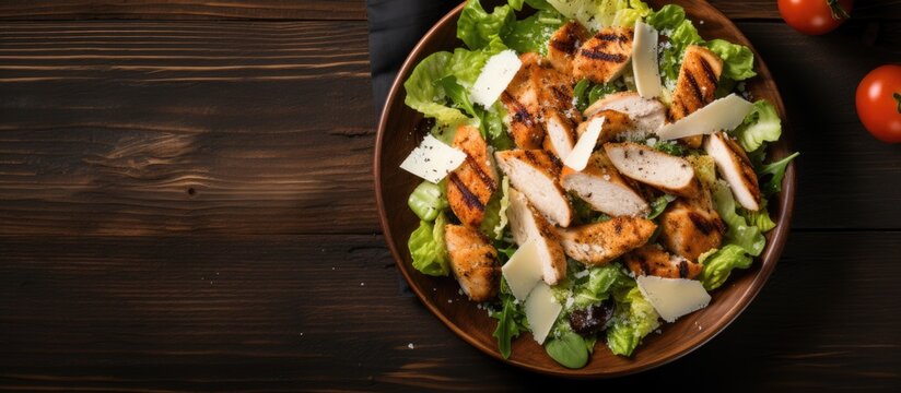 Top view of a traditional Caesar salad with grilled chicken and Parmesan cheese.