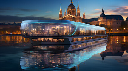 Futuristic tourist boat of Danube city, modern high-tech and very luxurious boat, tourists can see...