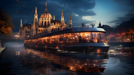 Obraz premium Futuristic tourist boat of Danube city, modern high-tech and very luxurious boat, tourists can see the city and important places of Danube.