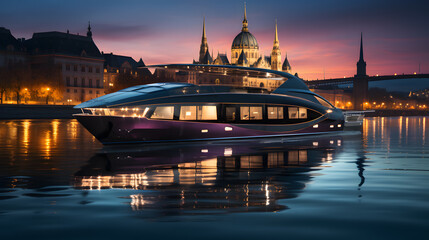 Futuristic tourist boat of Danube city, modern high-tech and very luxurious boat, tourists can see the city and important places of Danube.