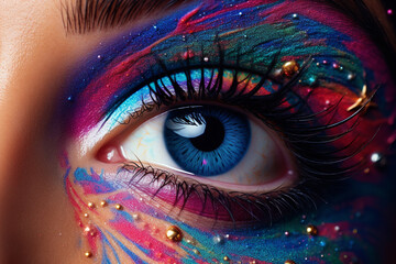 Beauty, fashion, style and make-up concept. Close-up woman eye view with colorful eyeshadow...