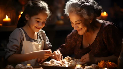Deurstickers Grandma and granddaughter bake cookies © Ольга Дорофеева