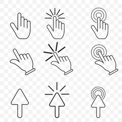 Hand click icon set. Pointer click icons. Arrows and hands cursors icons. Vector Illustration of arrow and hand pointer.