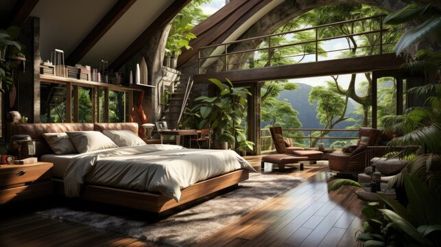 New modern bedroom interior with king size bed at cottage home with palm trees green natural plants, housewarming concept home purchase and real estate loan