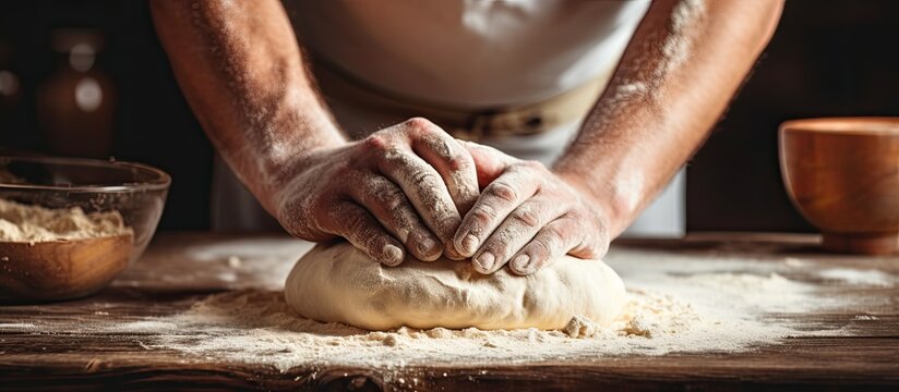 Baker preparing homemade bread on wooden table, hands making dough in close-up view.