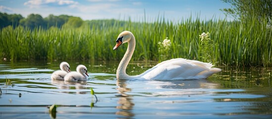 Fototapeta premium Swan and offspring in summer lake.