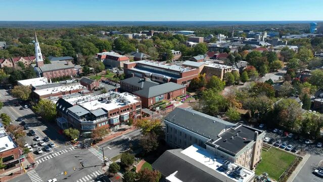 Downtown Chapel Hill, NC. Aerial establishing shot of University of North Carolina college town.
