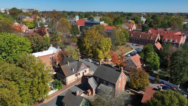 Old Salem. Aerial view of colonial building in historic district of Winston-Salem, North Carolina during autumn.
