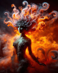 beautiful fire elemental goddess or demon burning with flames