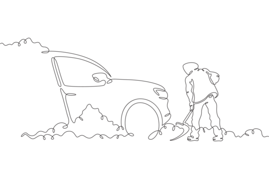 A man digs a car out of the snow. A man removes snow. Snow removal in winter. One continuous line drawing. Linear. Hand drawn, white background. One line.
