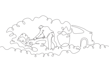 A man digs a car out of the snow. A man removes snow. Snow removal in winter. One continuous line drawing. Linear. Hand drawn, white background. One line.