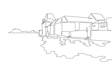 Embankment. Old town on the river bank. Reflection in the water. City landscape. One continuous line drawing. Linear. Hand drawn, white background. One line.