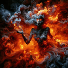 scary fire elemental goddess or demon burning with flames - obrazy, fototapety, plakaty