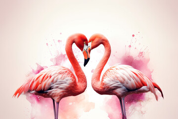Abstract nature, birds, Valentines and lovers day concept illustration. Two pink flamingo birds making heart shape with their necks and standing in front of each other.