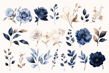background white isolated illustration botanic branches gold leaves flowers blue navy garden collection roses elements design watercolor set rose botanical bouquet tree branch - obrazy, fototapety, plakaty