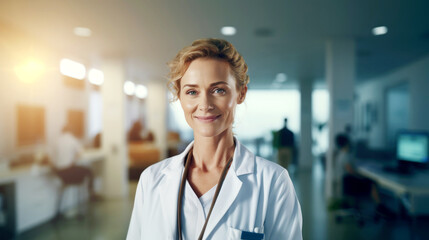 Portrait of smilling 35 year female doctor standing in hospital. Healthy and care concept - obrazy, fototapety, plakaty