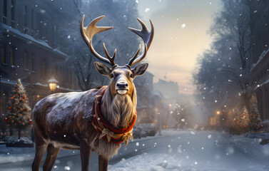 A beautiful deer stands on the road in a city decorated for Christmas. Evening atmosphere of celebration and magic - 688434127