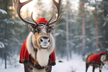Christmas New Year Deer with antlers and outfit in a snowy forest.