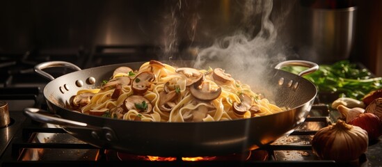 Chef prepares Italian Tagliatelle pasta with mushrooms and cream on gas stove in wok. Pasta levitates.