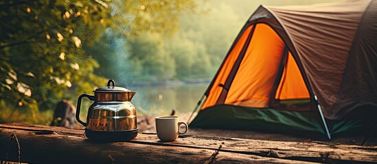 Camping gear for cooking, grilling, and making coffee on a campfire with a tent and nature backdrop.