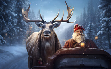 A beautiful deer sits in a sleigh with Santa Claus on the road in the evening forest. Atmosphere of celebration and magic - 688434570